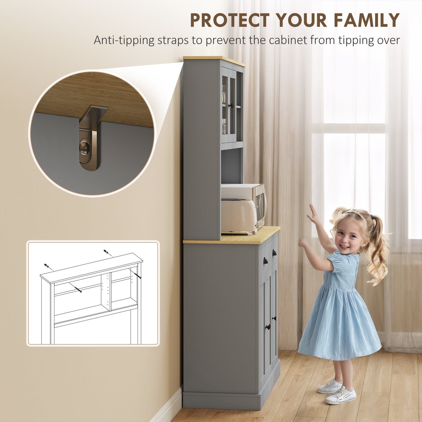 71" Tall Freestanding Kitchen Cabinet with Adjustable Shelves - Gray
