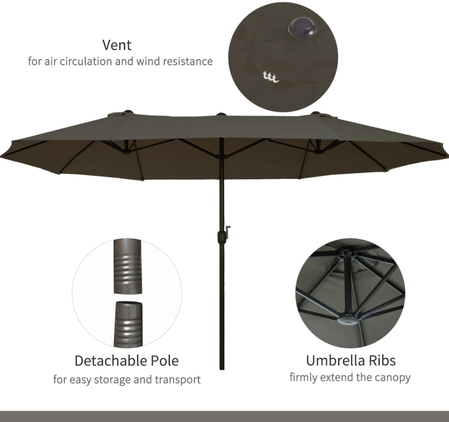 15ft Double-Sided Patio Umbrella with Crank - Gray