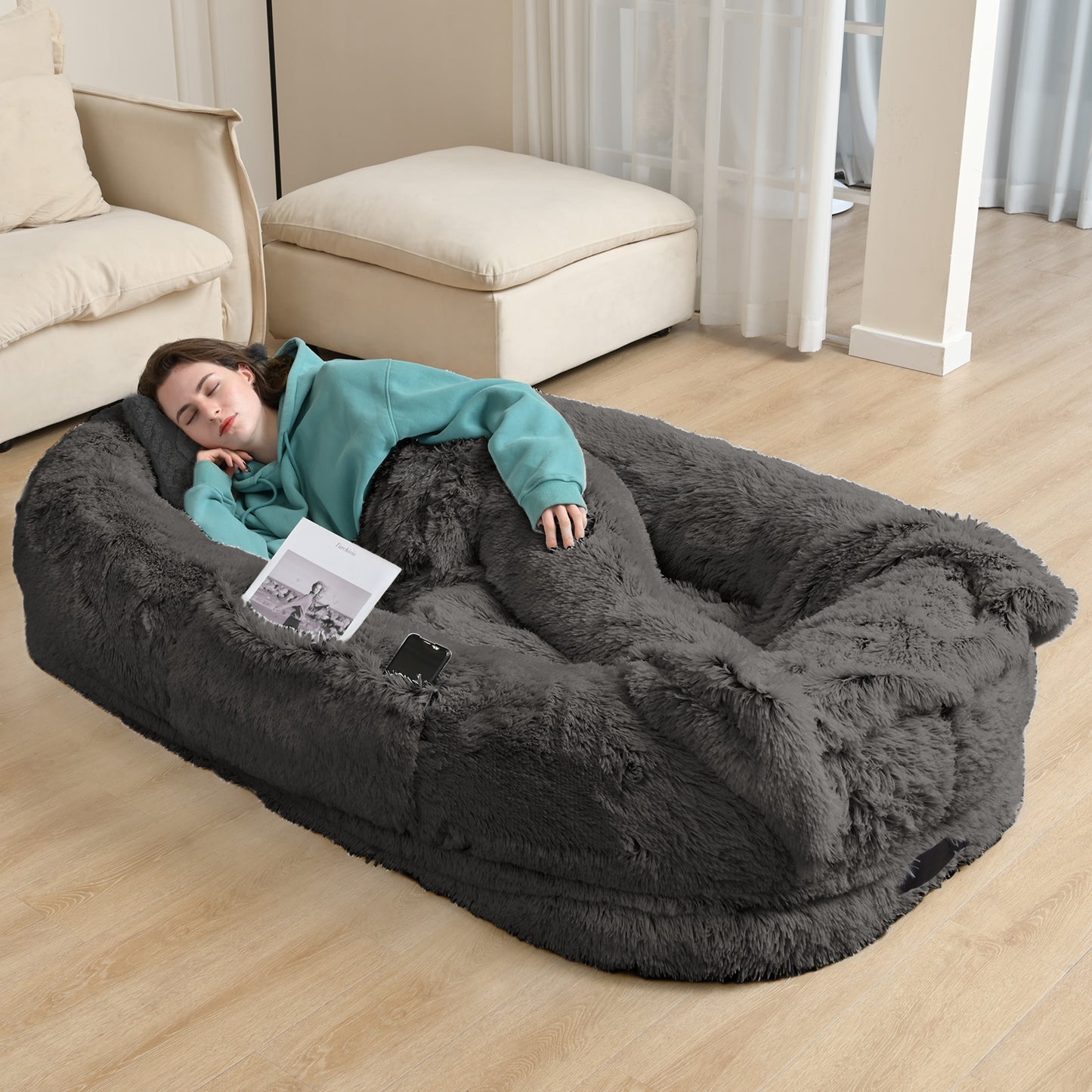 Oversized Human & Pet Dog Bed with Orthopedic Support - 71 x 45 Inch Faux Fur Lounger, Washable Cover, Pillow & Blanket Included