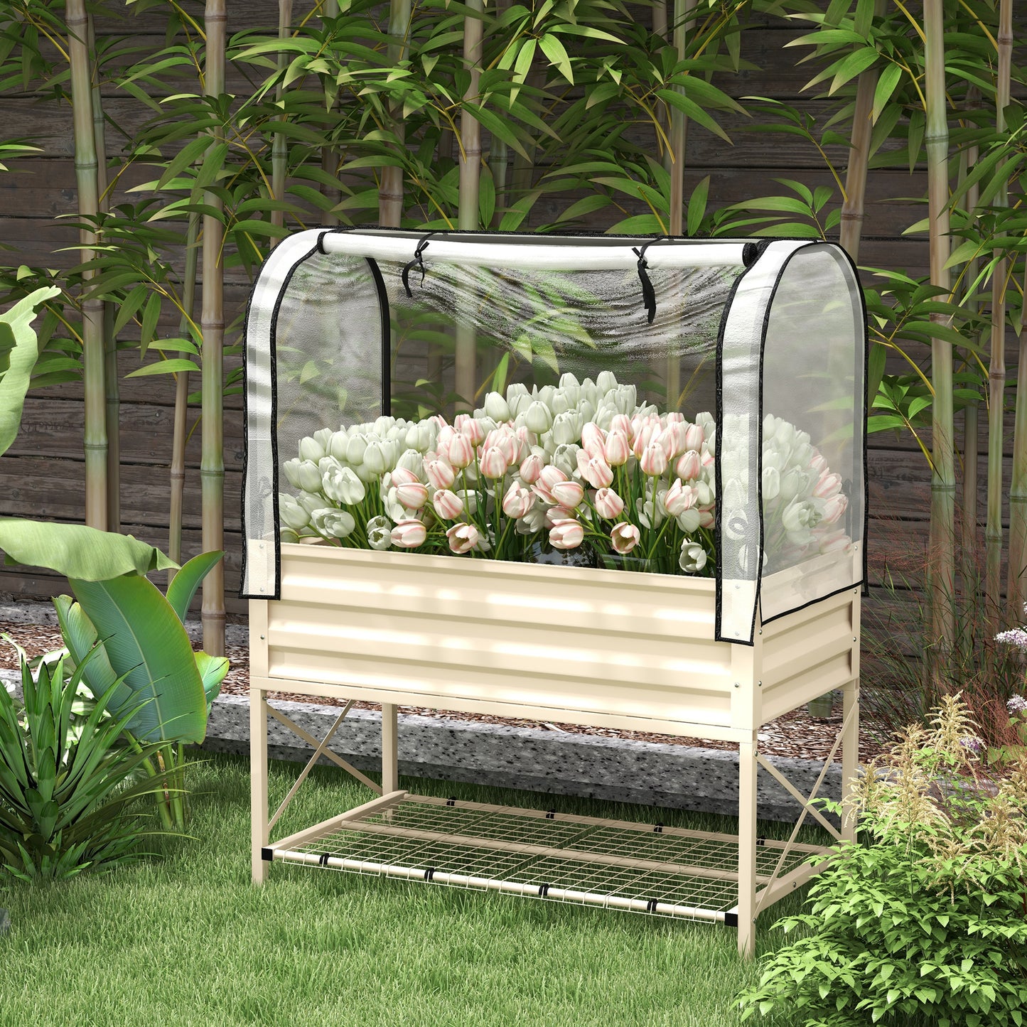 Raised Garden Bed with Cover and Legs - Metal Elevated Planter Box for Vegetables, Cream