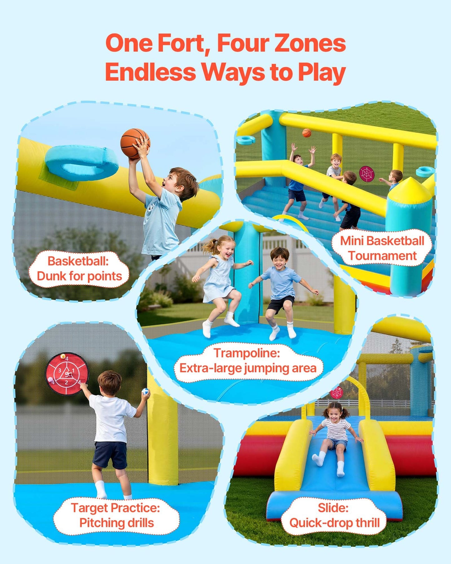 Inflatable Bouncy Castle for Kids with Slide & Basketball Hoop - 14.7x13.8ft