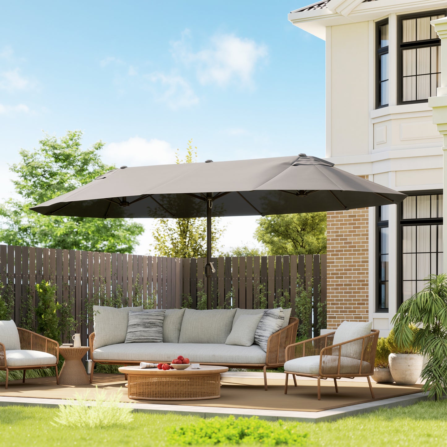 15 ft Double-Sided Patio Umbrella with Crank Handle - Gray