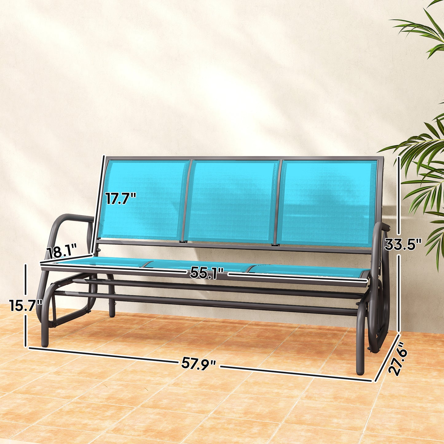 3-Person Outdoor Patio Glider Bench - Breathable Mesh, Metal Frame, Blue