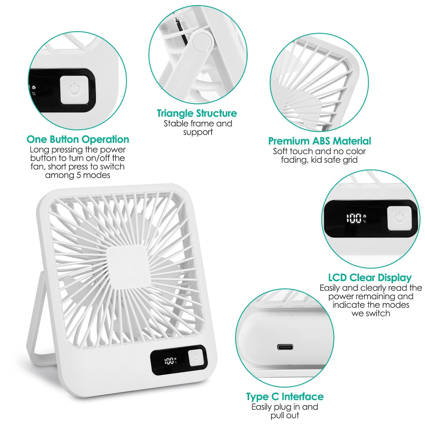 Rechargeable Mini Desktop Cooling Fan with LCD Display - 5 Modes