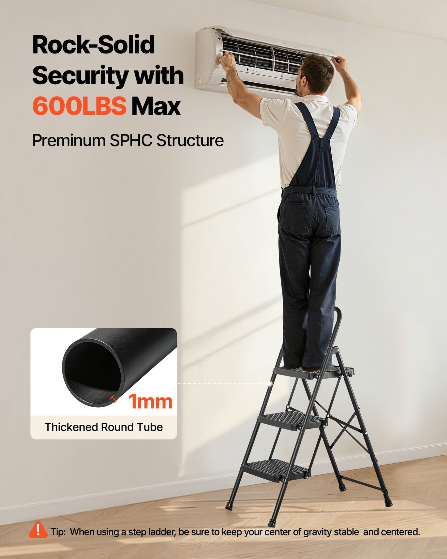 3-Step Folding Ladder with Anti-Slip Pedals & Handgrip - 600 Lb Capacity, Black