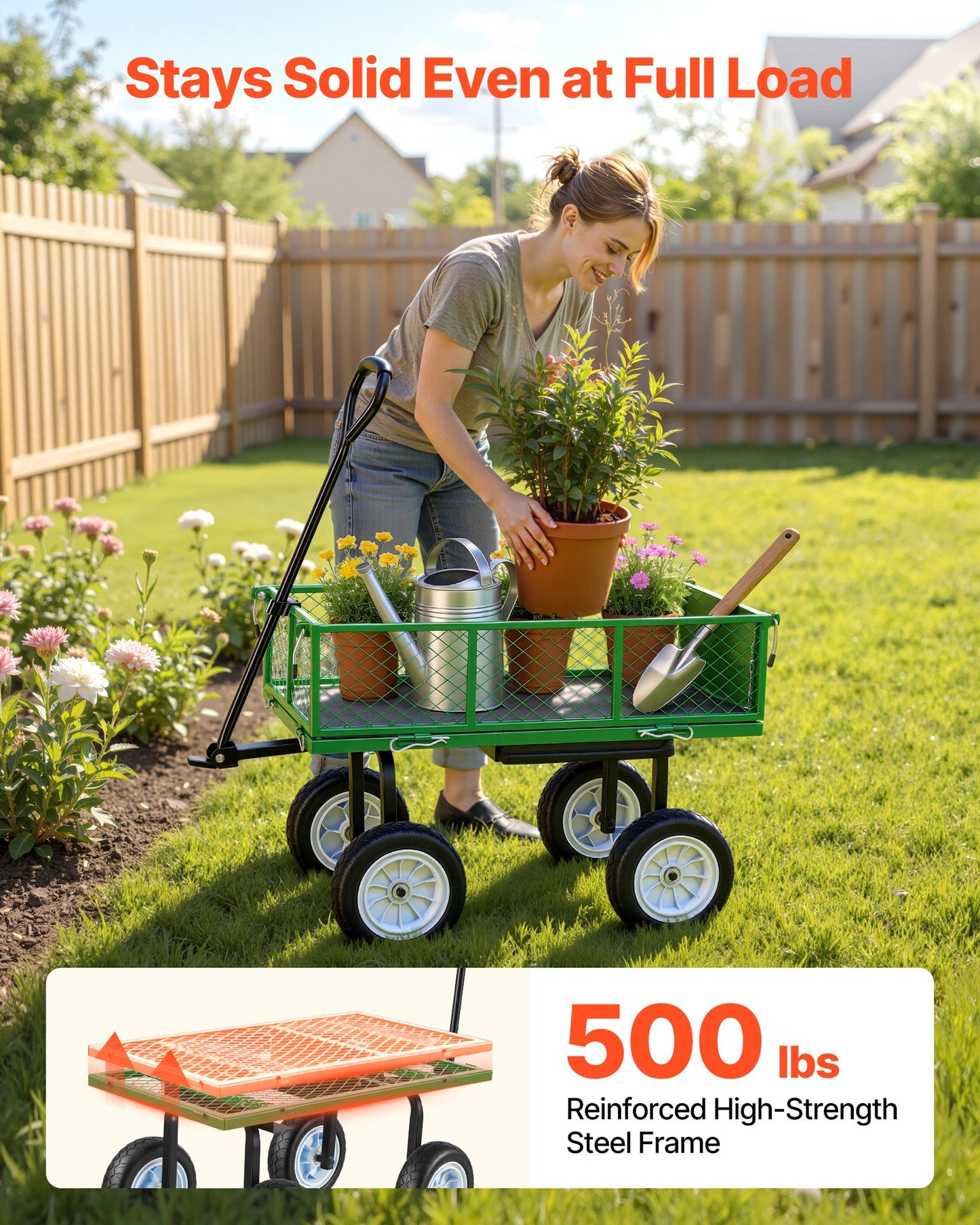 Heavy Duty Garden Cart with Seat & Tool Tray - 500 LBS Capacity, Rolling Steel Yard Wagon, Adjustable Handle, Black