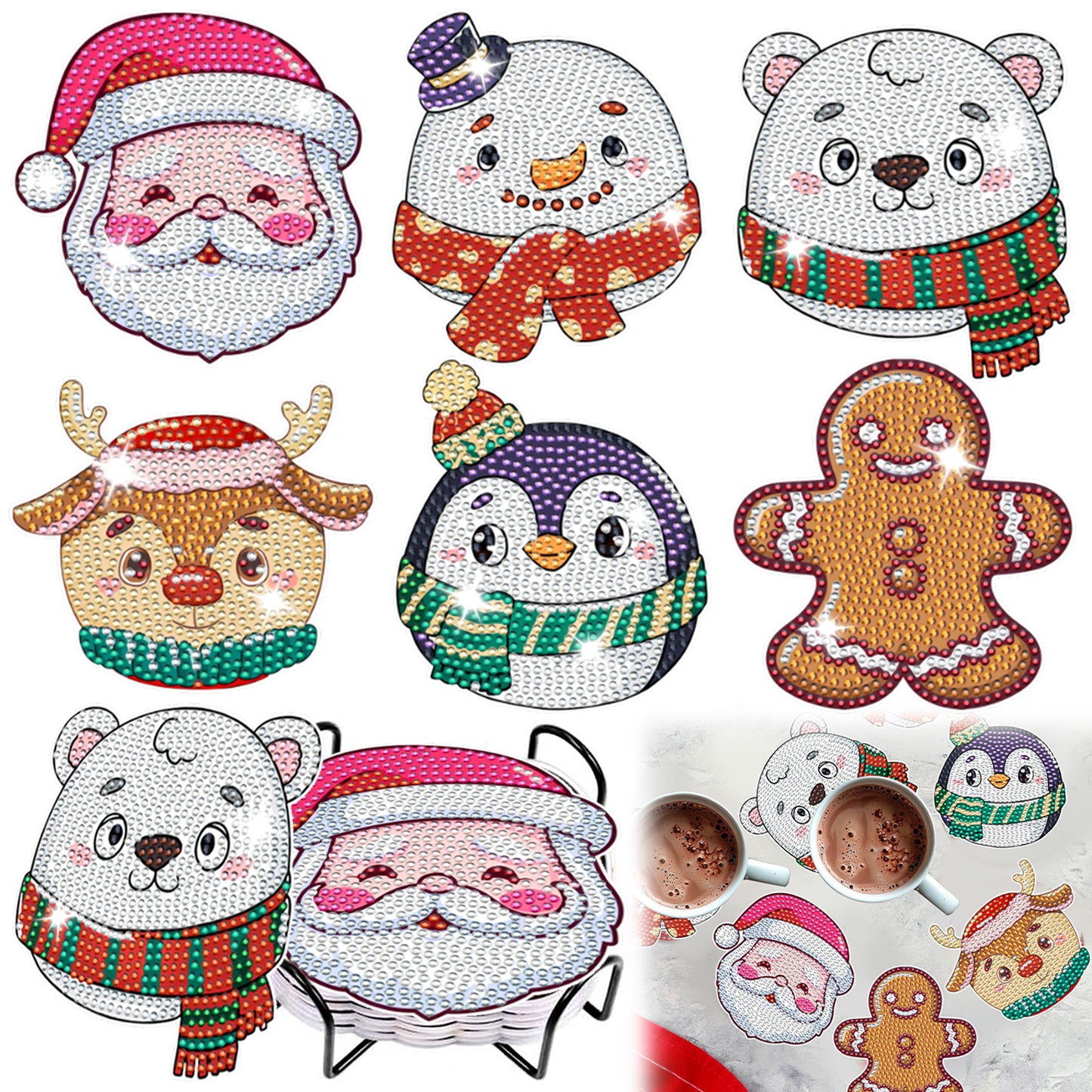 Christmas Rhinestones Art Coasters - 6 Pack Multi-Color Set
