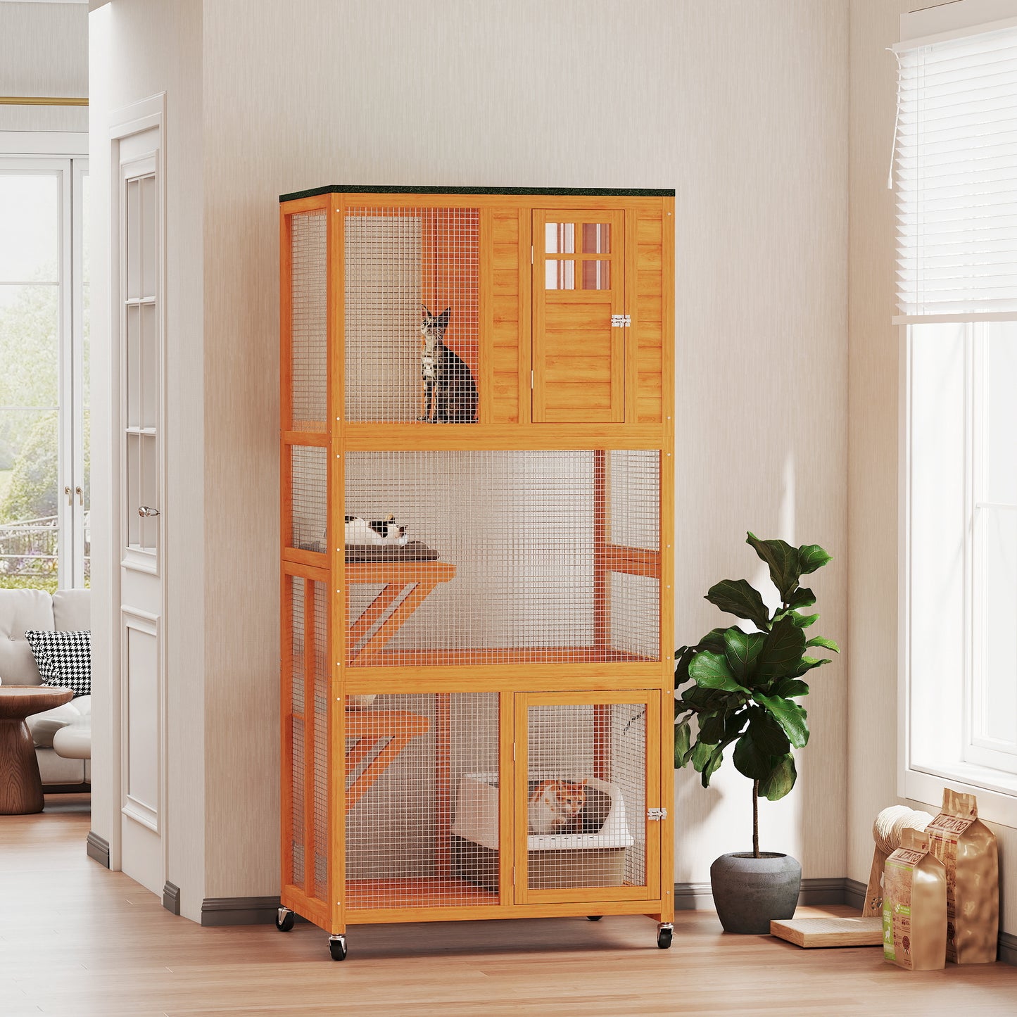 74-Inch Wooden Outdoor Cat House Catio Enclosure with Perches - Orange