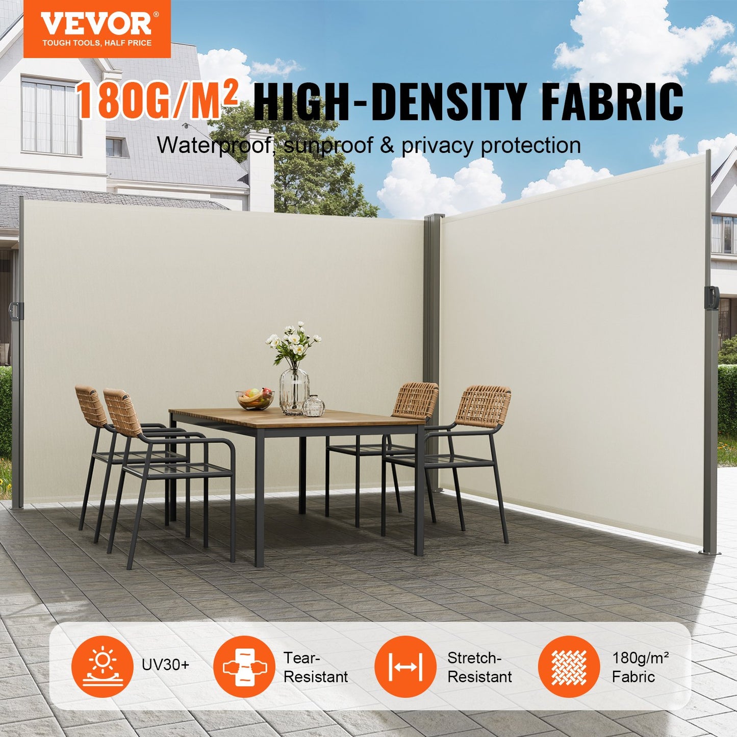 Retractable Outdoor Privacy Screen 79x236 Inches Water-Resistant UV Block Patio Divider Beige