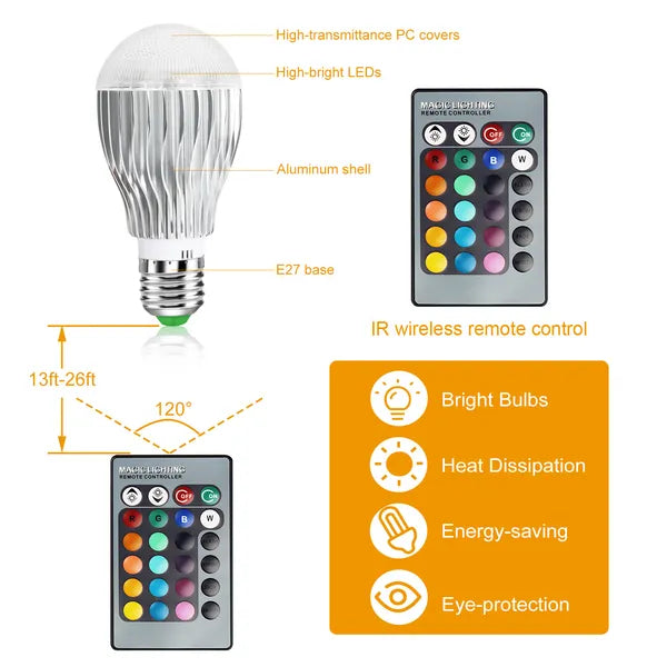 9W RGB LED Light Bulb with E27 Base and Remote Control - 16 Colors, Dimmable