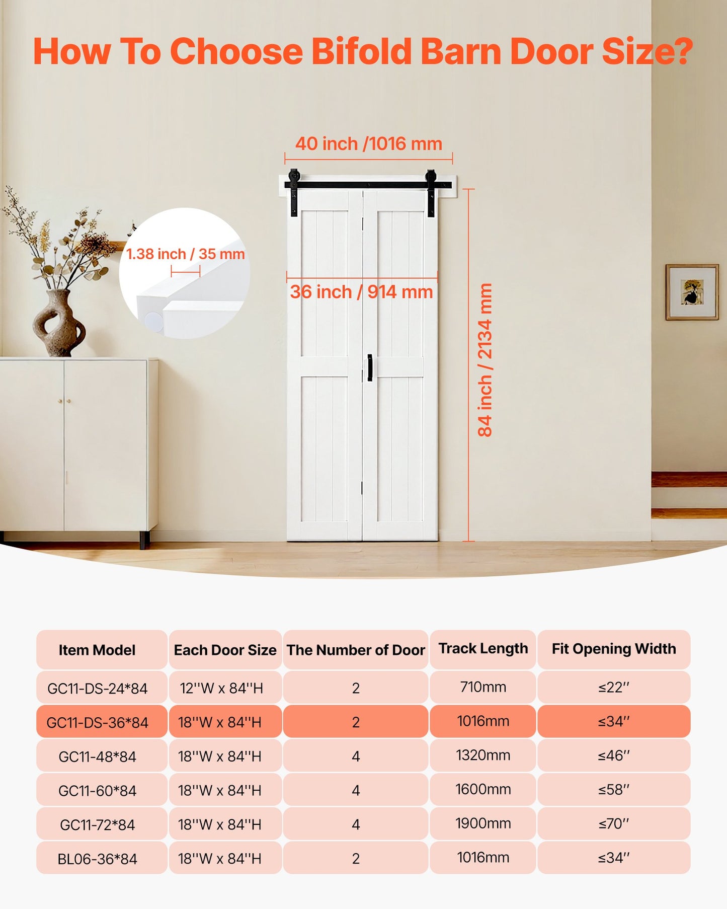 36x84 Bifold Barn Door - MDF Sliding Closet Door with Hardware Kit, White