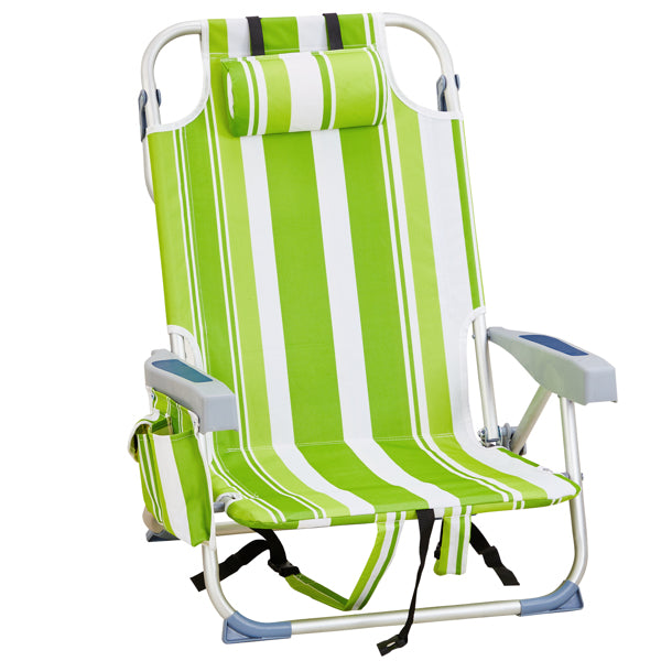 Lightweight Folding Beach Chair - Green Stripes, Adjustable Back