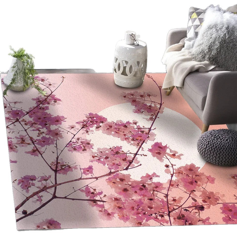 Pastel Cherry Blossom and Crescent Moon Non-Slip Flannel Floor Mat - Home Rug