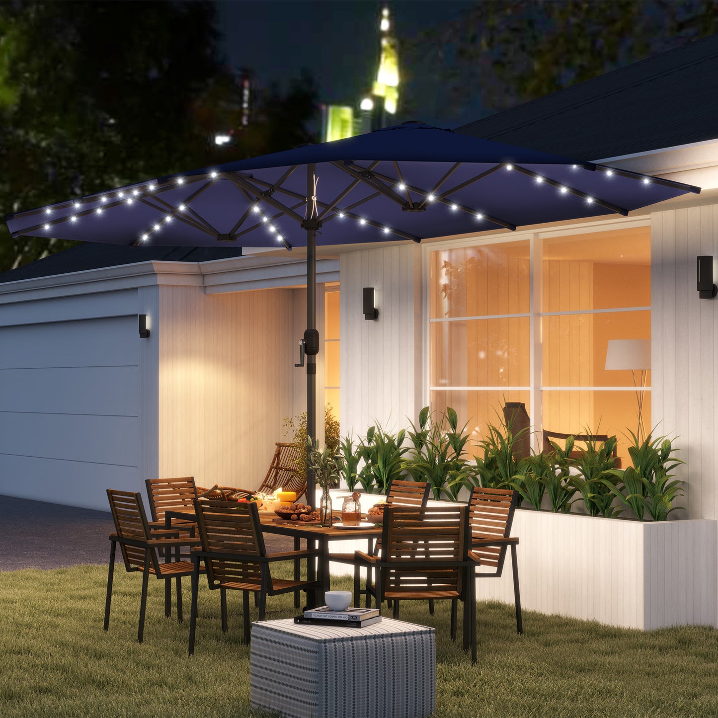 Double-Sided Garden Parasol with LED Solar Lights - Navy Blue