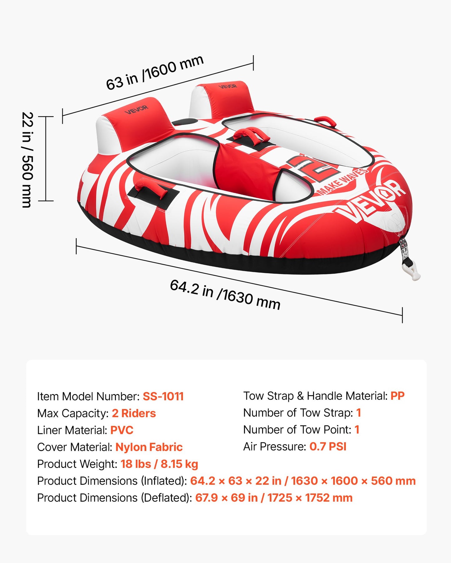 2-Person Inflatable Towable Tube for Boating - Water Sports with Padded Handles