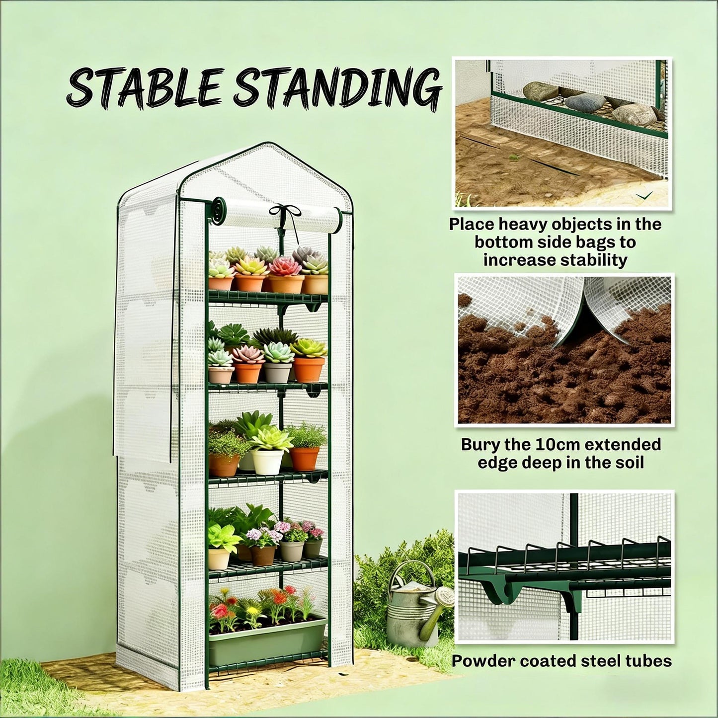 Portable Mini Greenhouse with Five-Tier Plant Shelf - Dark Green & White