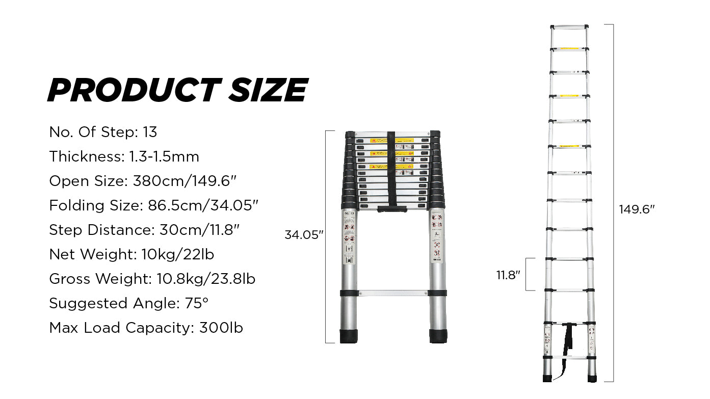 12.5 ft Aluminum Telescoping Ladder - Heavy Duty Outdoor Extension Ladder