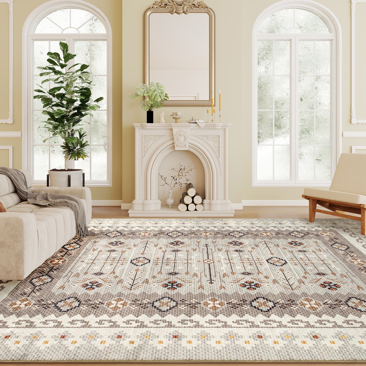 Machine Washable Boho Area Rug 4x6 - Non-Slip Flannel Carpet