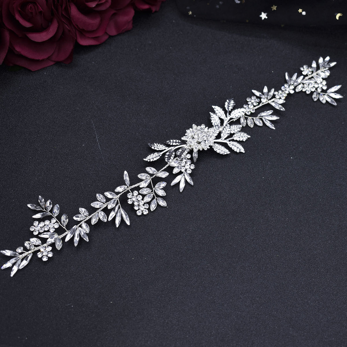 Rhinestone Leaf Headband - Silver