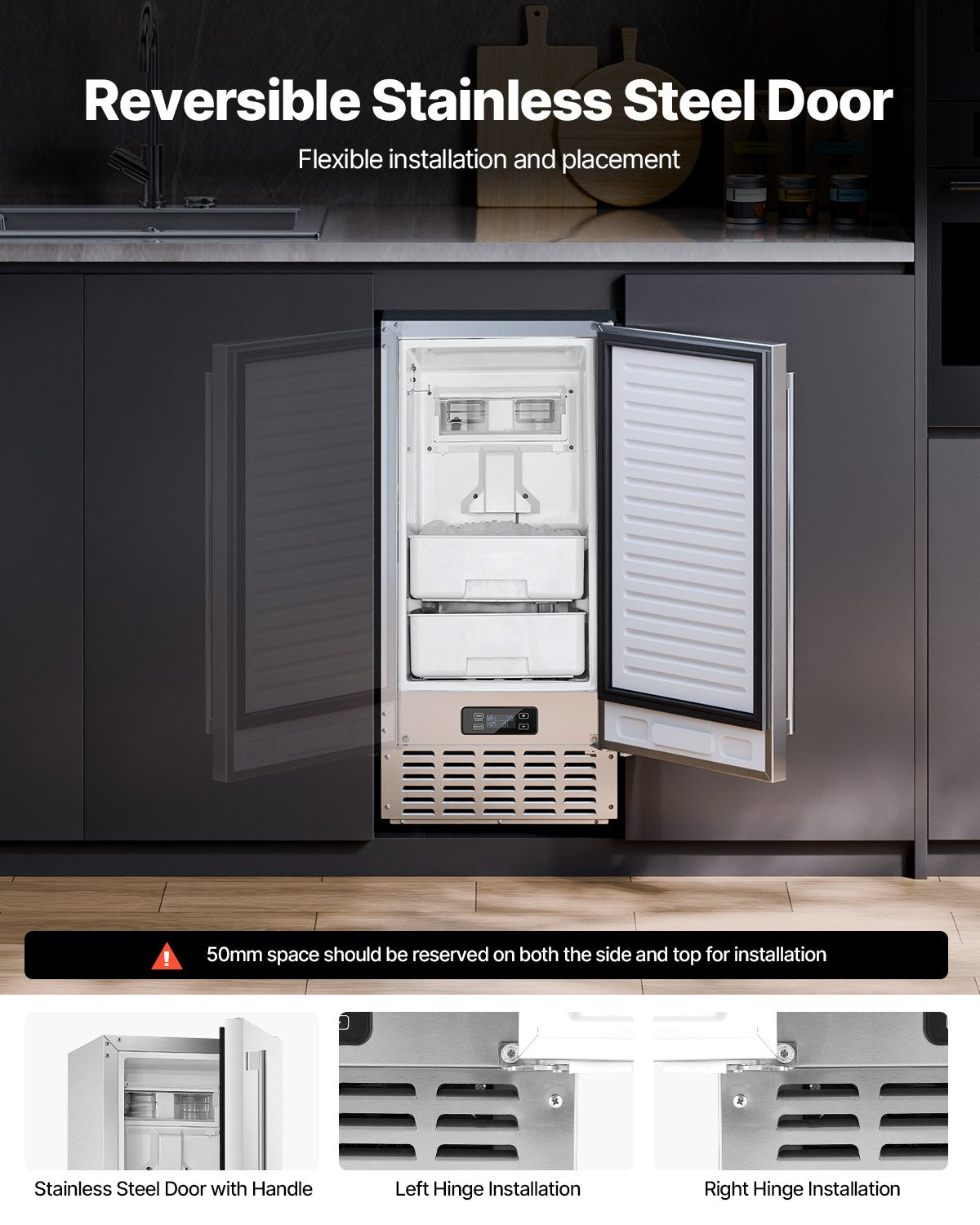 Undercounter Ice Maker 66 Lbs/Day Built-In Nugget Ice Machine with Reversible Door