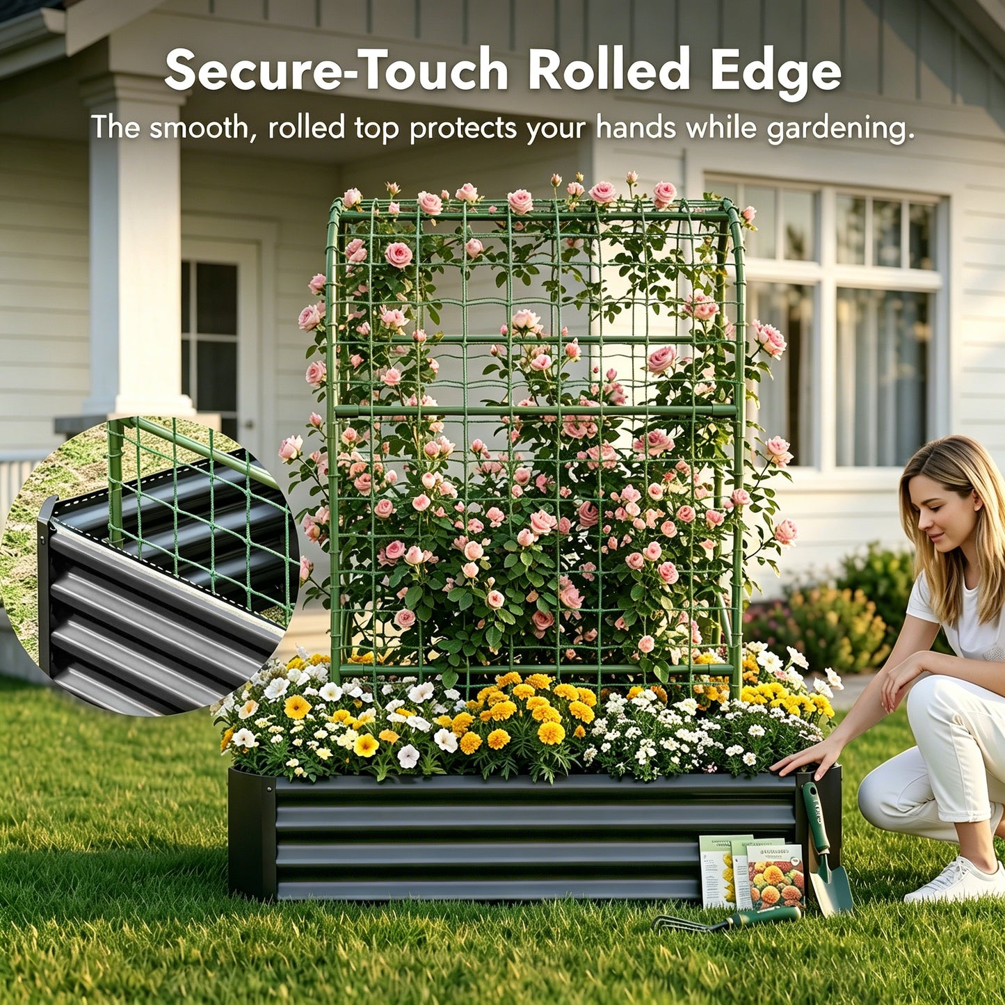 2-in-1 Raised Garden Bed with Trellis - 59" Metal Planter Box