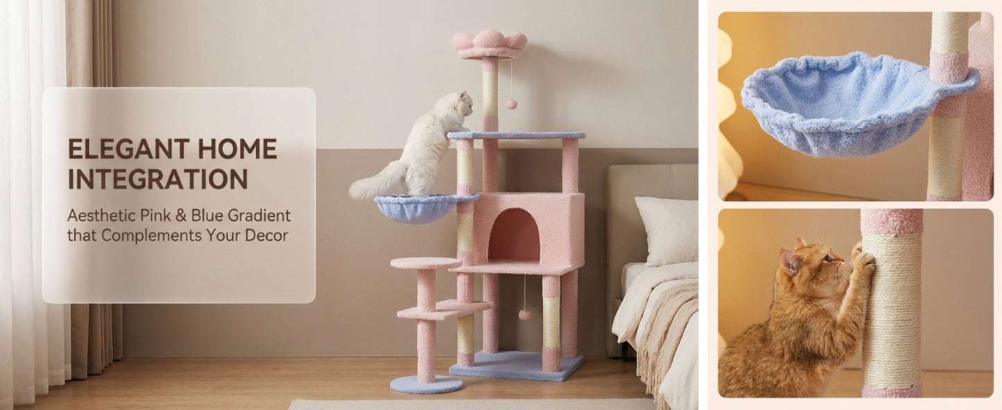 Pink Flower Cat Tree with Large Condo, Removable Cushion & Hammock - 56 Inch Tall