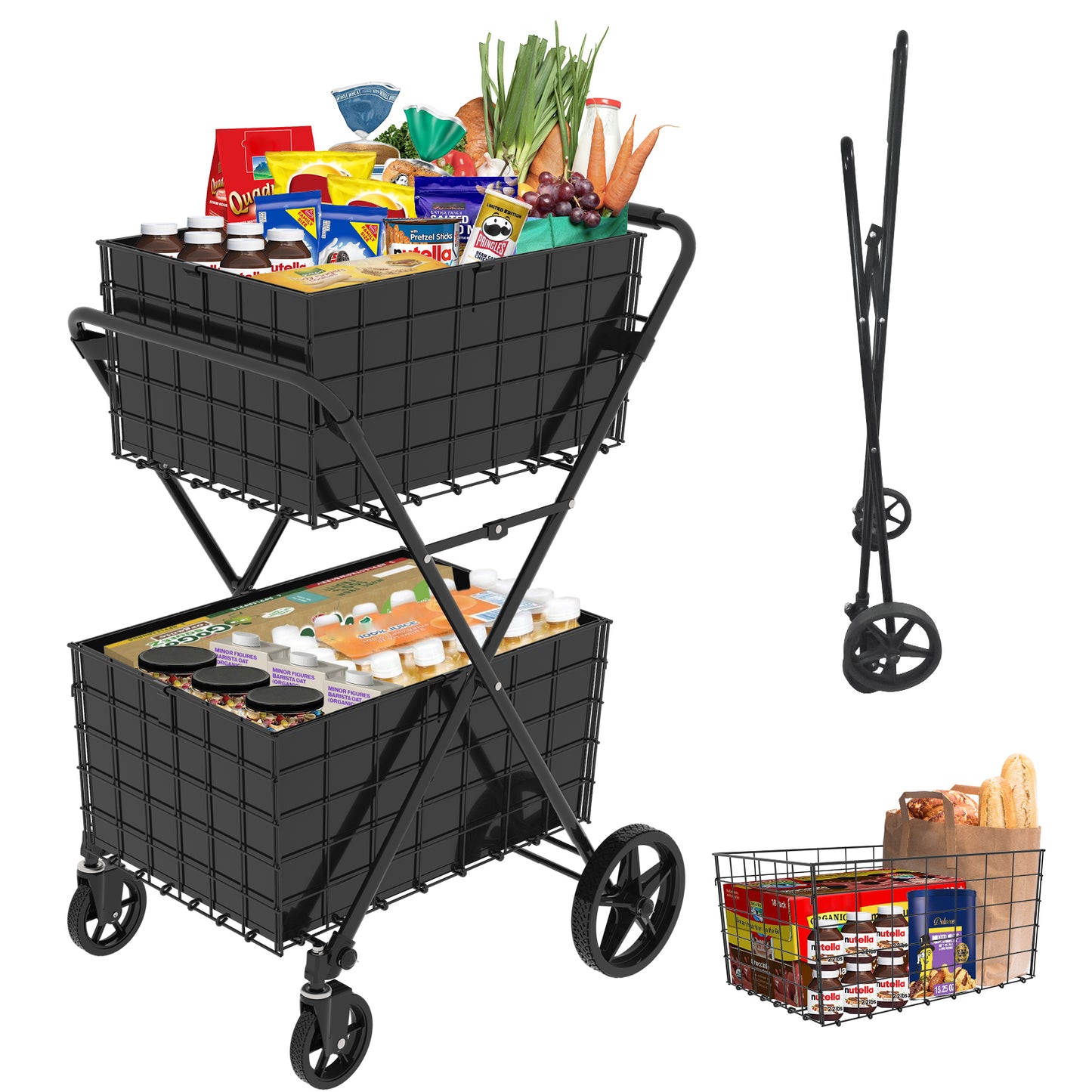 Jumbo Foldable Grocery Cart with Double Baskets - Antique Black