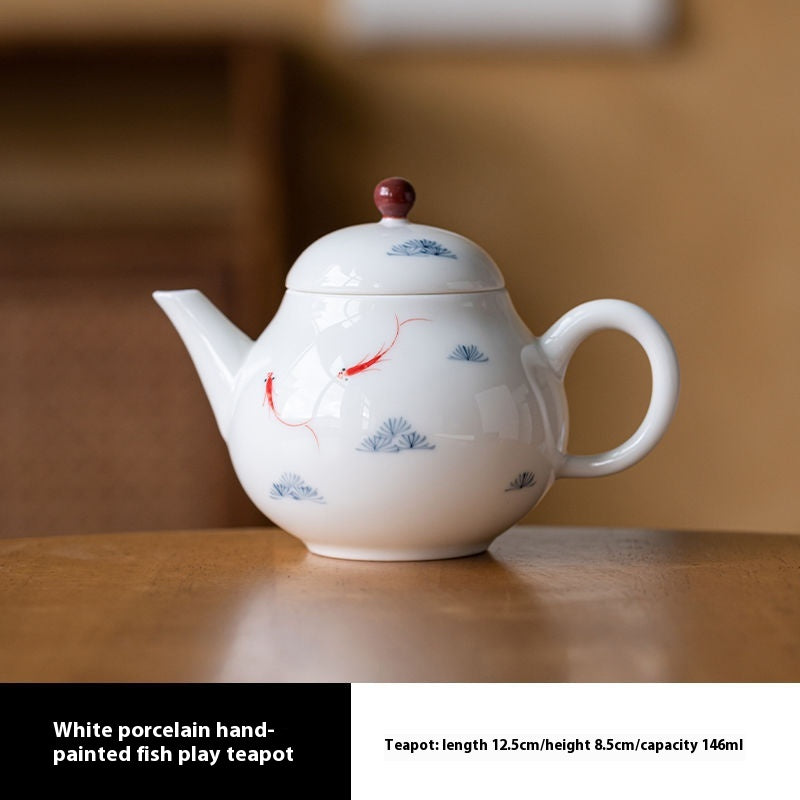 White Porcelain Fish Play Teapot 145ml Hand-Painted Chinese Style Kitchenware