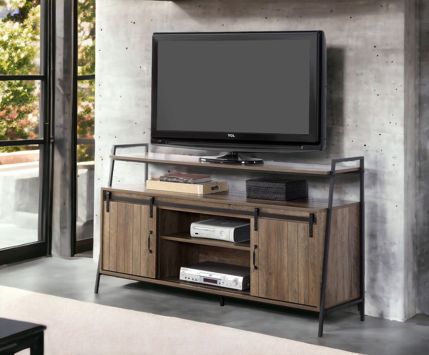 Rustic Oak & Black TV Stand with Sliding Barn Doors