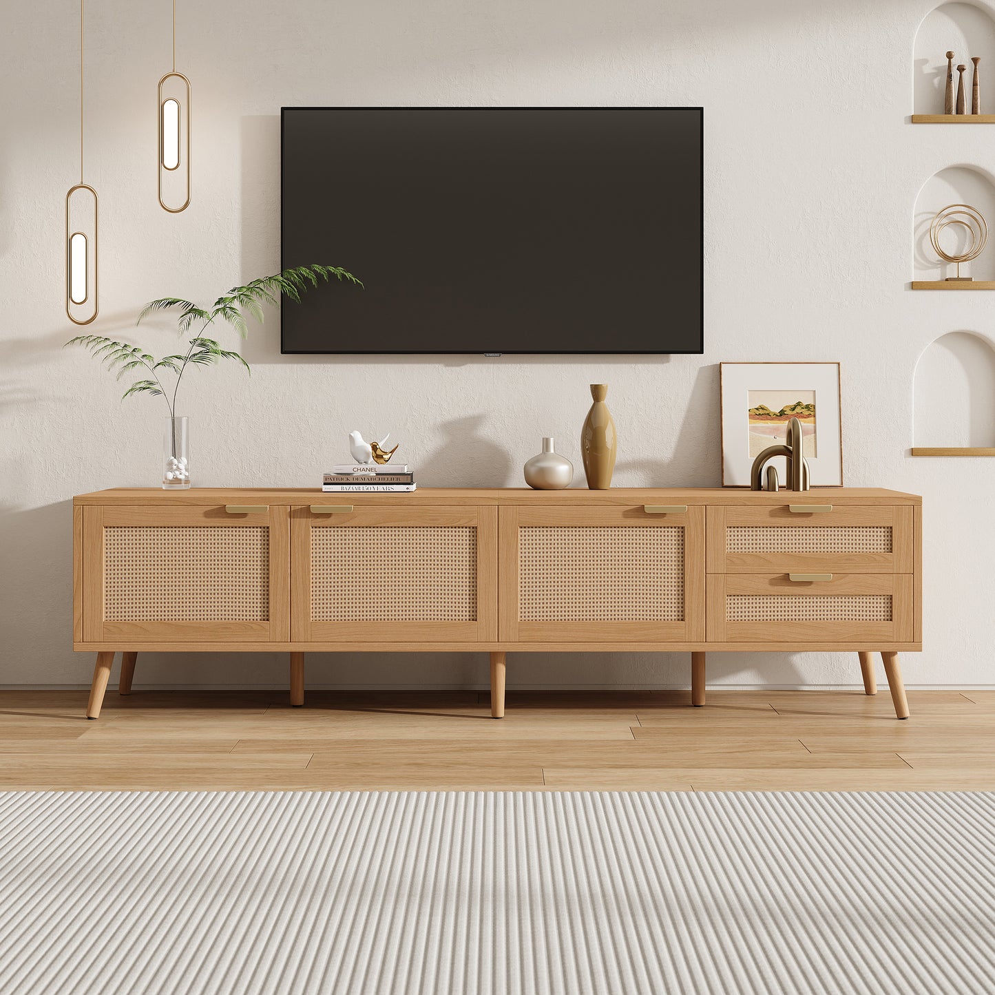 70-Inch Modern TV Stand with Rattan Doors & Storage - Natural Wood