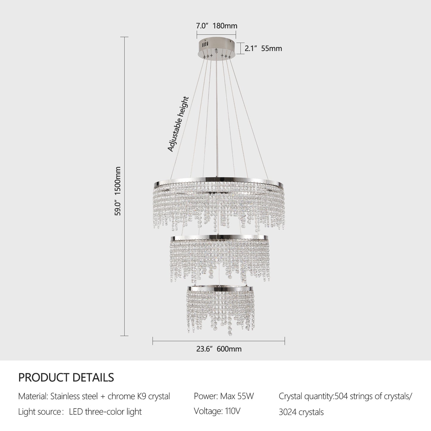 24-Inch Crystal LED Ceiling Chandelier with Adjustable Color Temperature - Chrome Finish