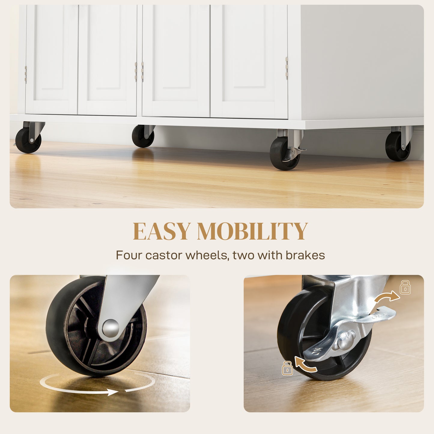Rolling Kitchen Island Cart with Rubberwood Top & Storage - Cream White