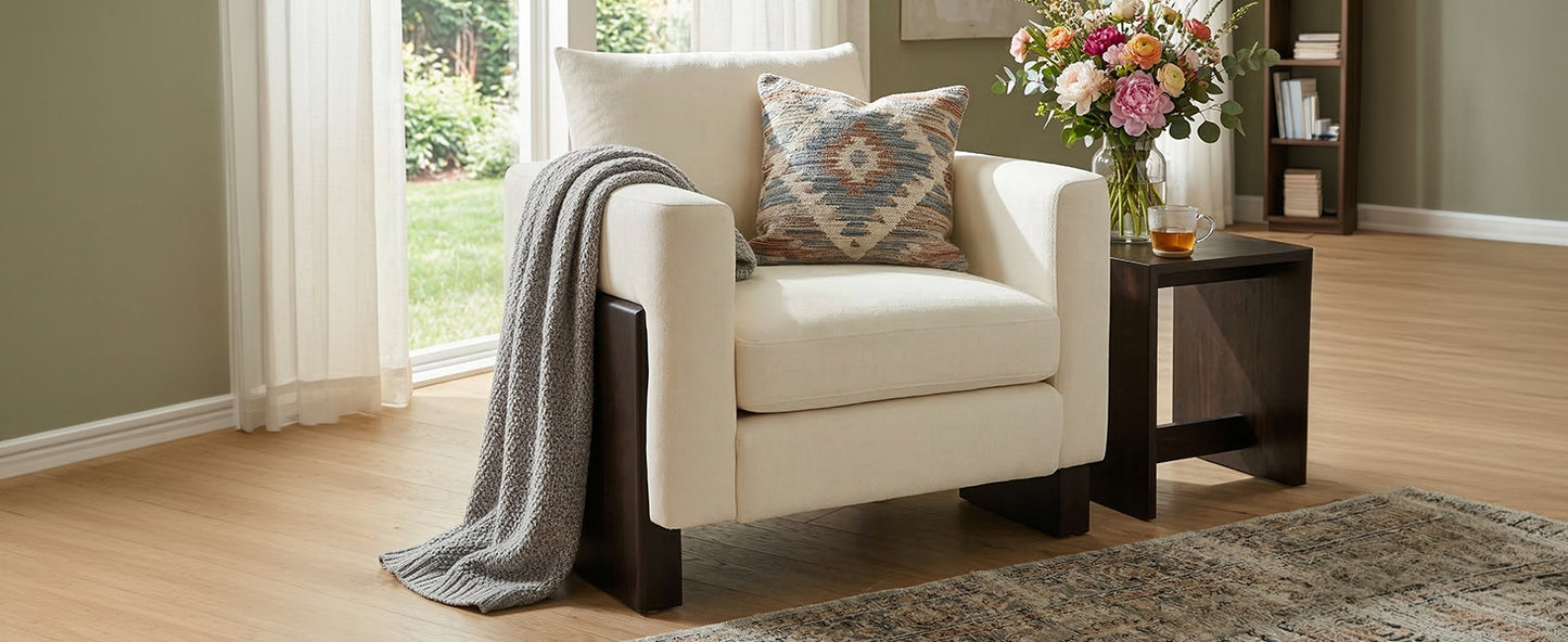 Beige Modern Accent Chair - Stylish Club Armchair with Rubberwood Legs