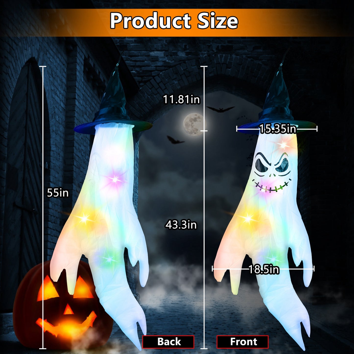 Halloween Ghost Windsocks Decoration Set with Colorful LED Lights - 4 Pcs