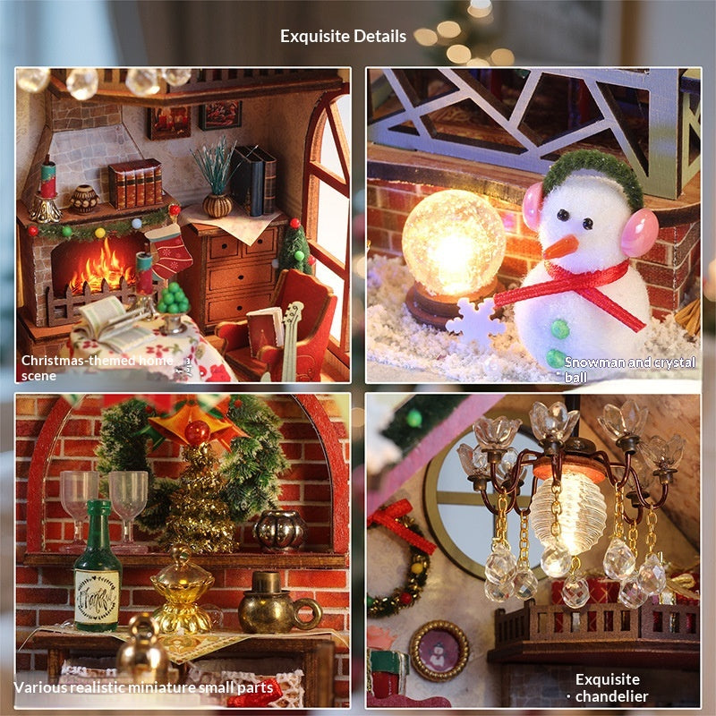 Miniature Wooden Cottage House Christmas Scene Toy with Dust Cover