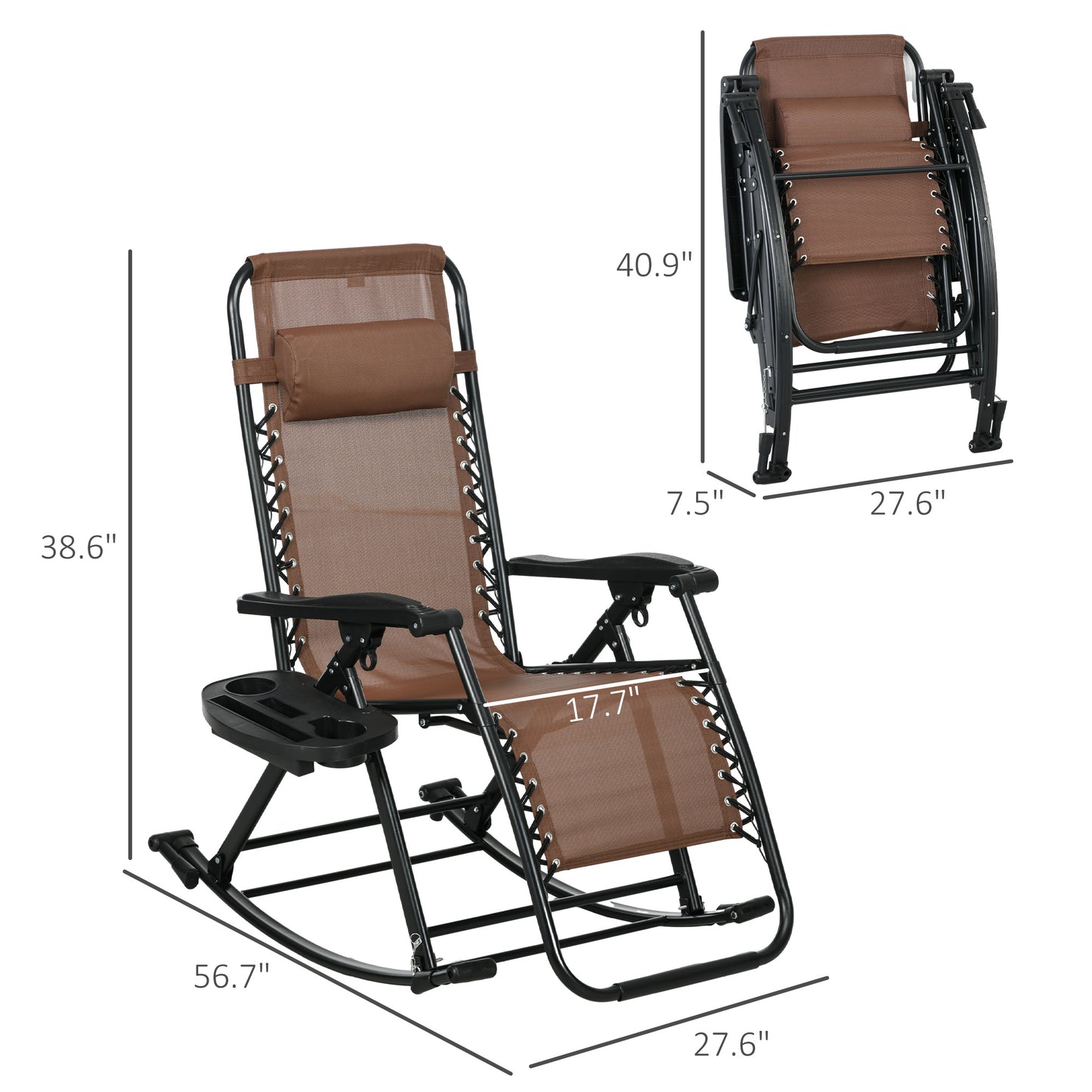 Zero Gravity Rocking Chairs - Set of 2 Foldable Lounge Chairs with Cup Holder - Brown
