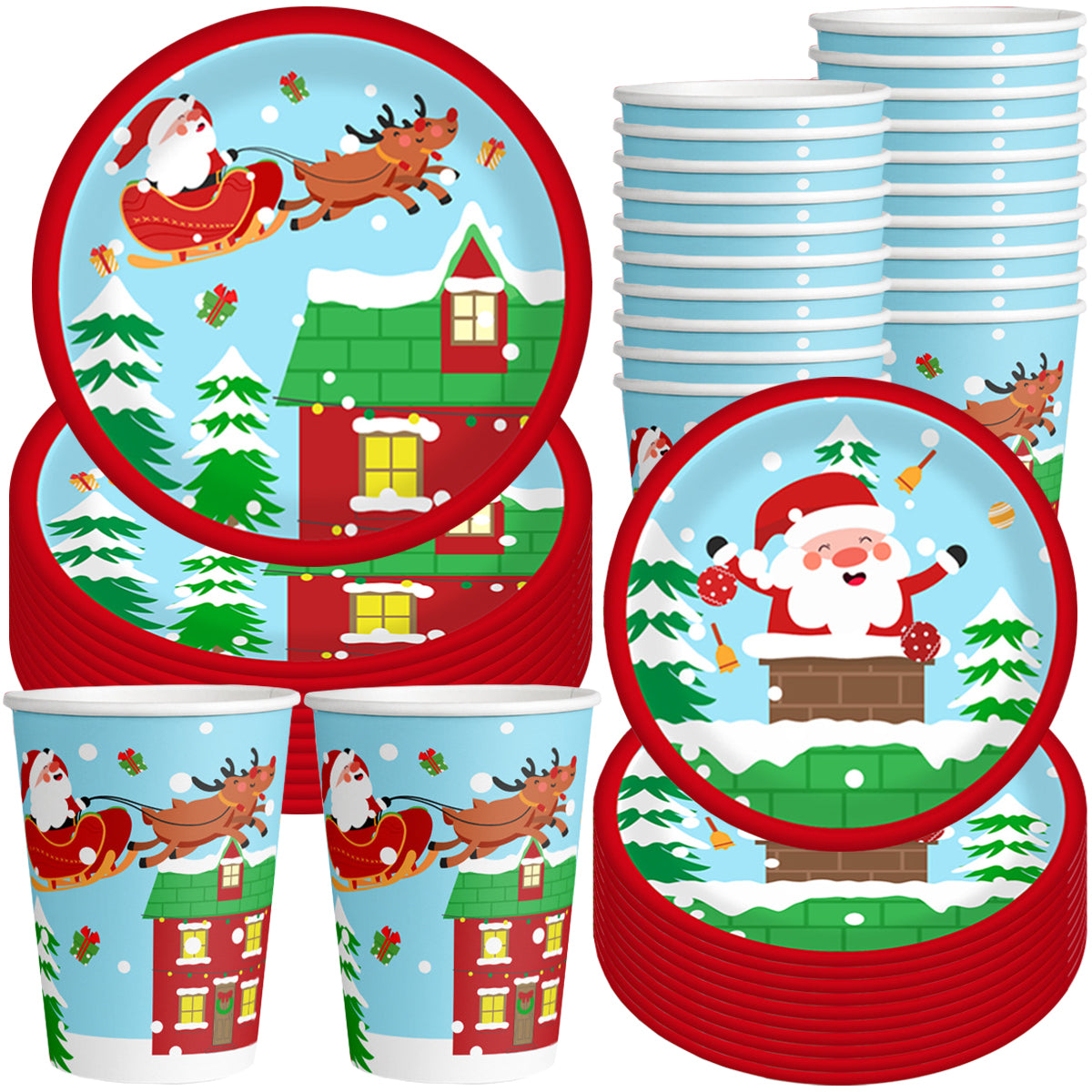 Christmas Paper Plates and Cups Set for 10 Guests - Santa & Elk
