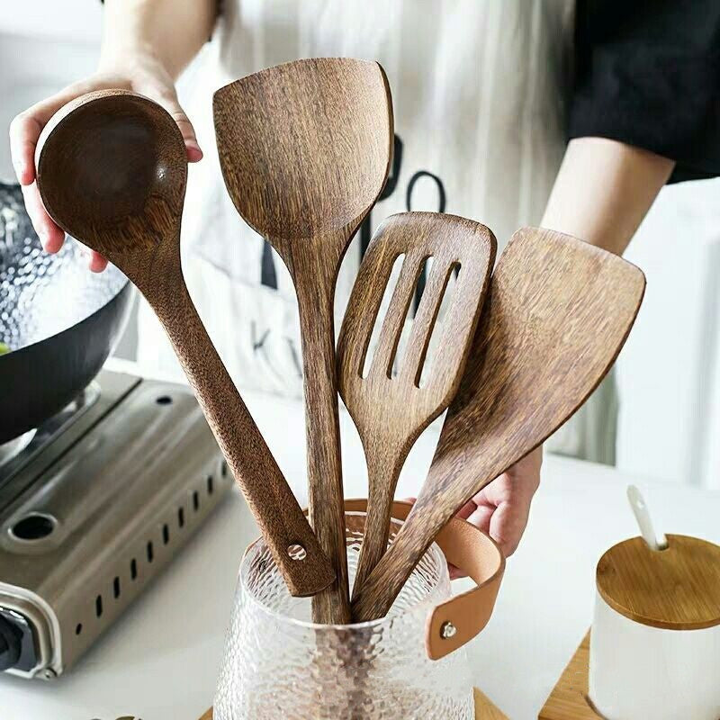 Long Handle Kitchen Spatula for Non-Stick Pans - Wooden Cooking Utensil Set