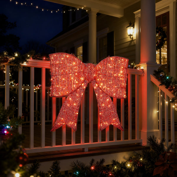 Giant Pre-Lit Christmas Bowknot Decoration with 124 LED Lights - Red