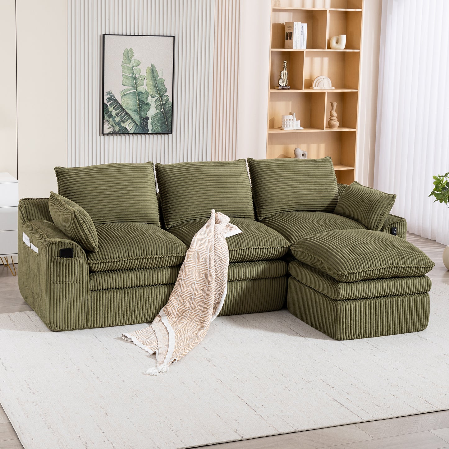 Emerald L-Shaped Modular Sectional Sofa with Footstool & Pillows