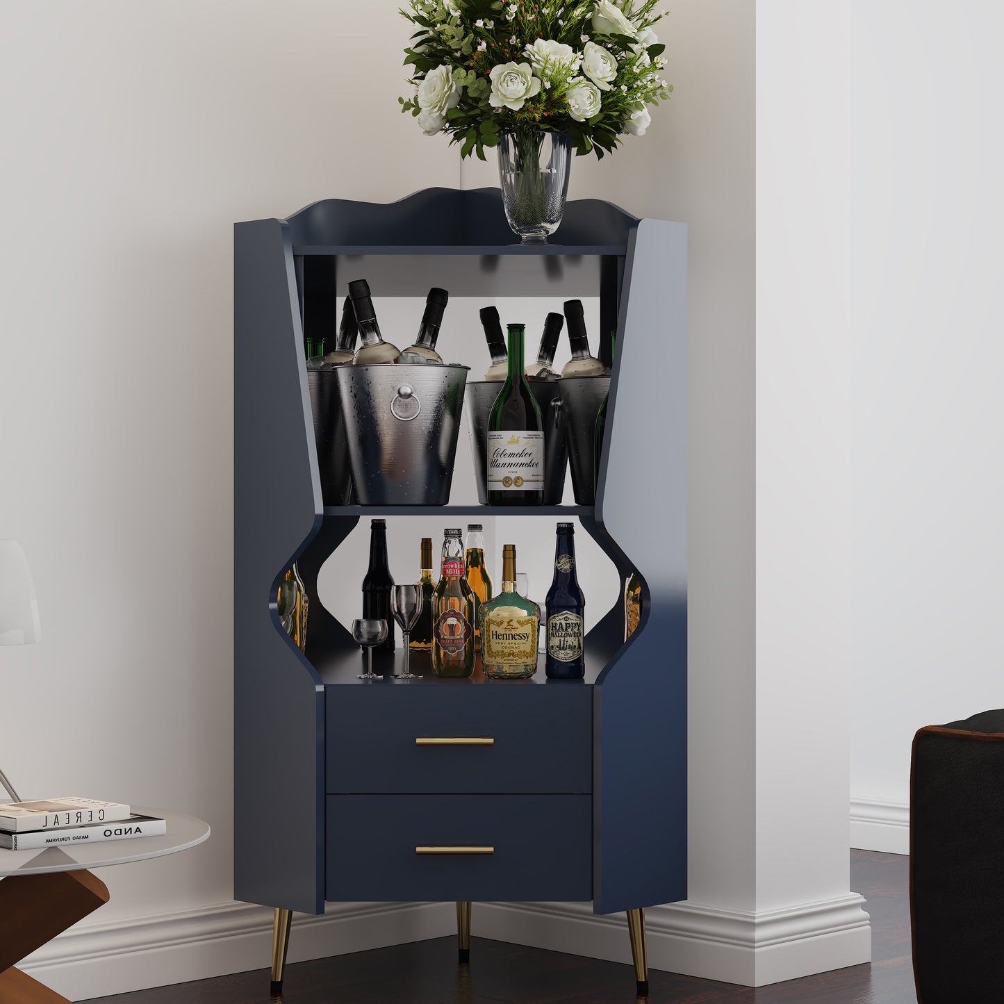 Wooden Corner Bar Cabinet With 2 Open Storage Shelves And Drawers,