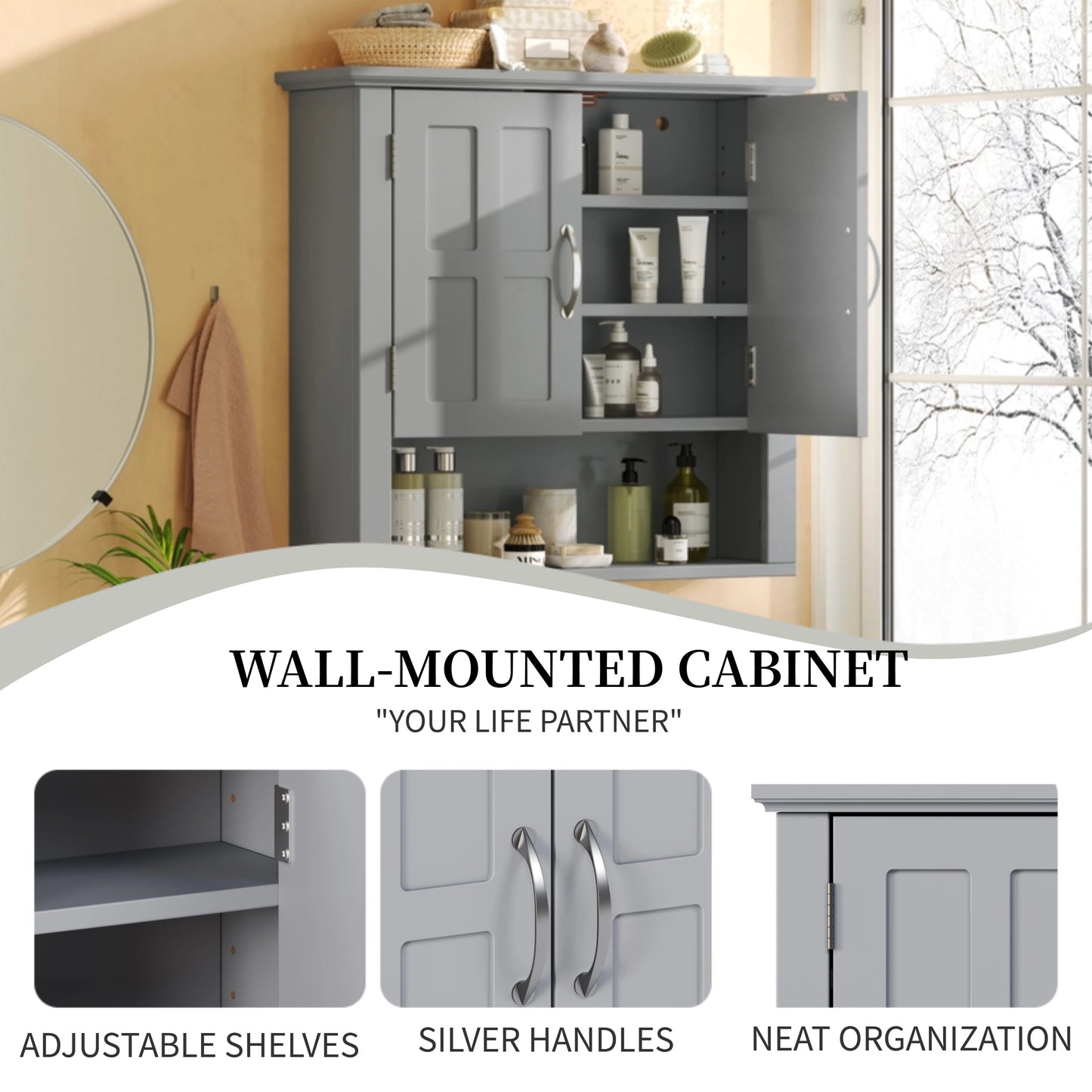 Wall-Mounted Bathroom Storage Cabinet with Adjustable Shelves - Gray
