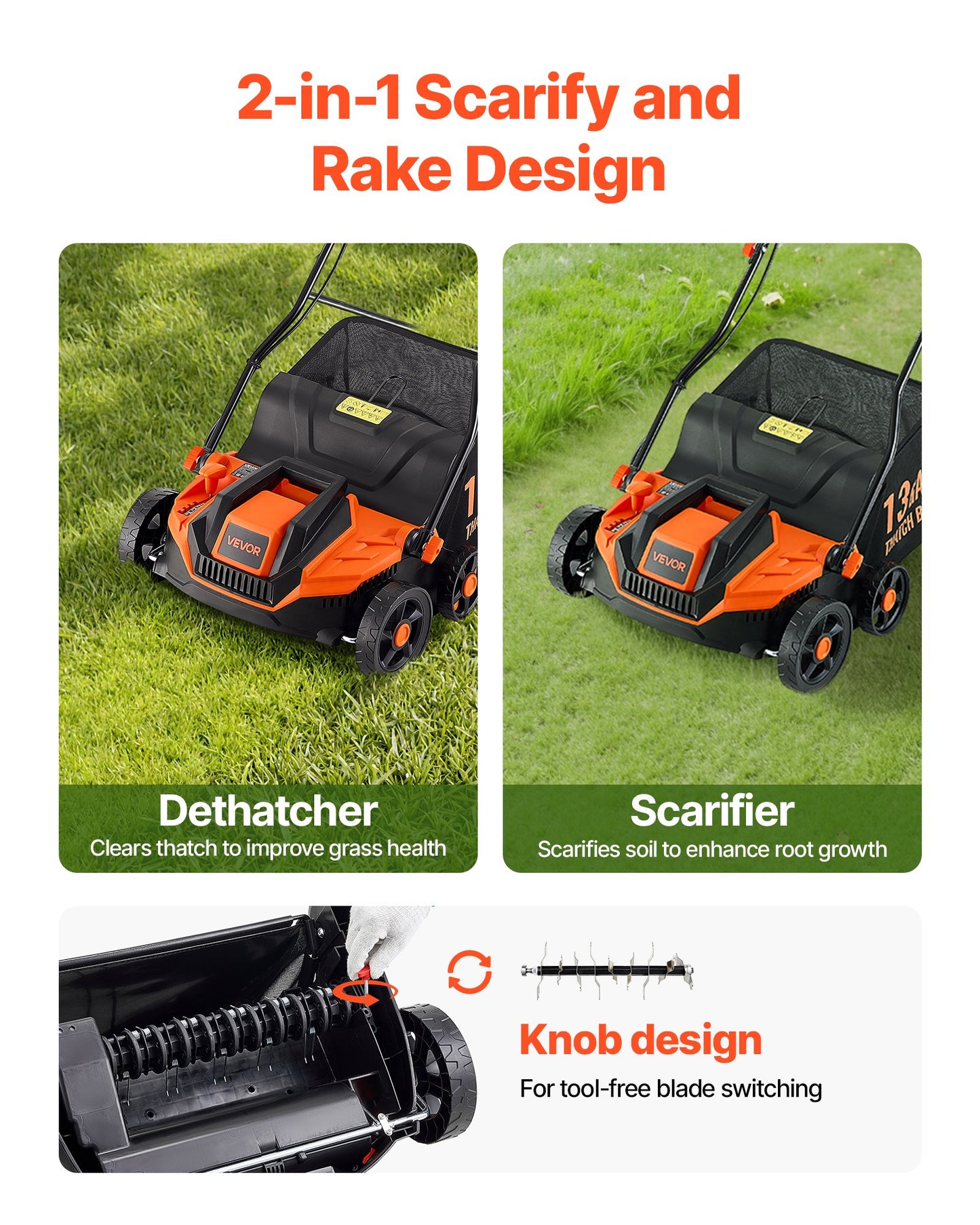 Electric Lawn Dethatcher and Scarifier 13-Inch 13-Amp - 2-in-1 Yard Tool