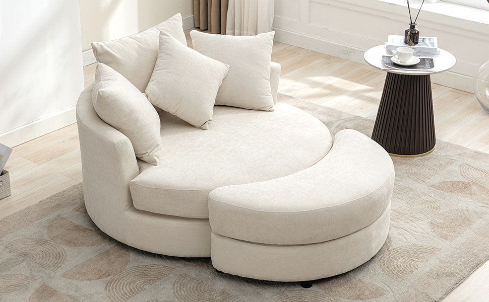 360° Swivel Accent Barrel Chair with Storage Ottoman & 4 Pillows - Cream