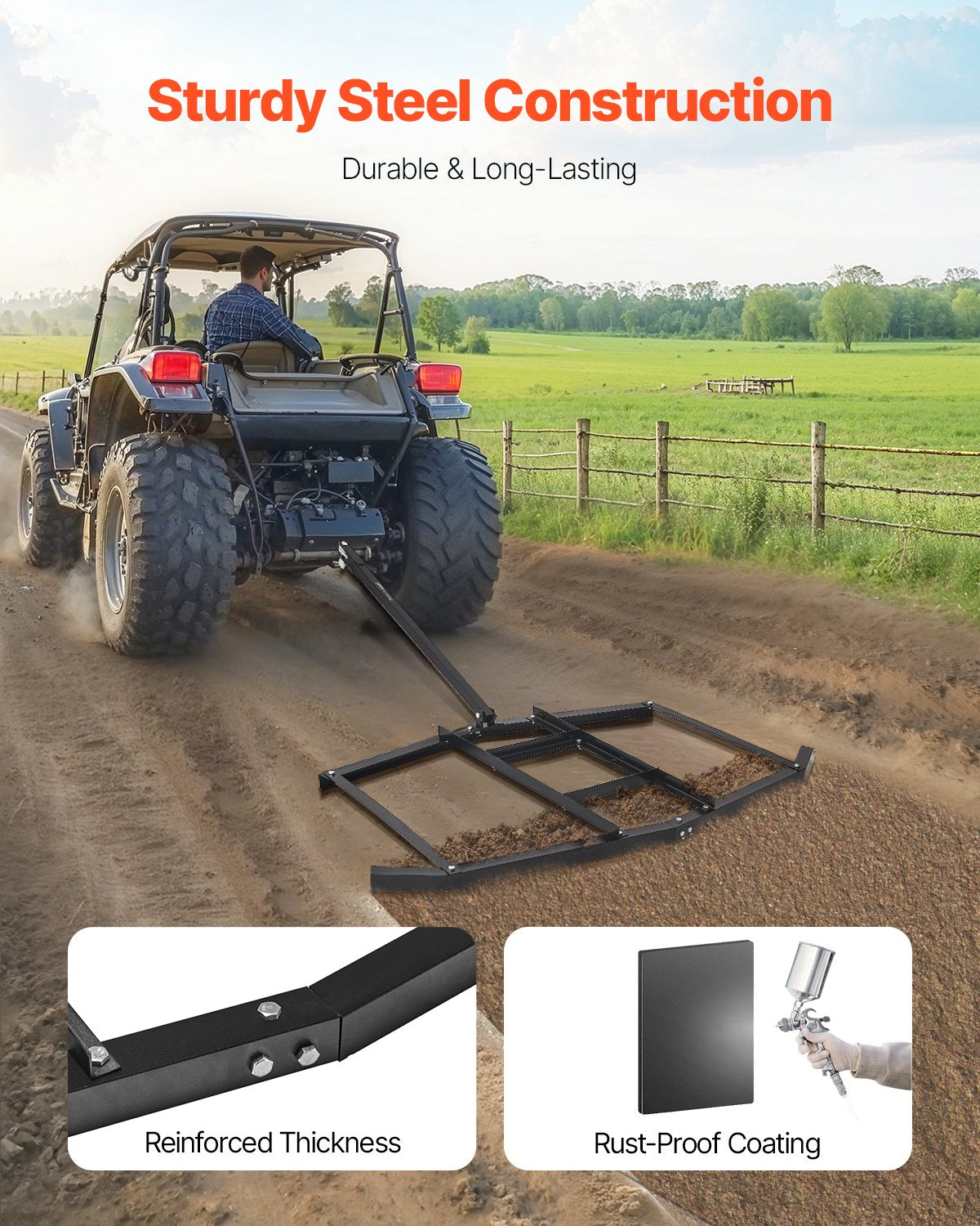 74-Inch Tow Behind Steel Drag Harrow for ATV UTV Gravel Leveling