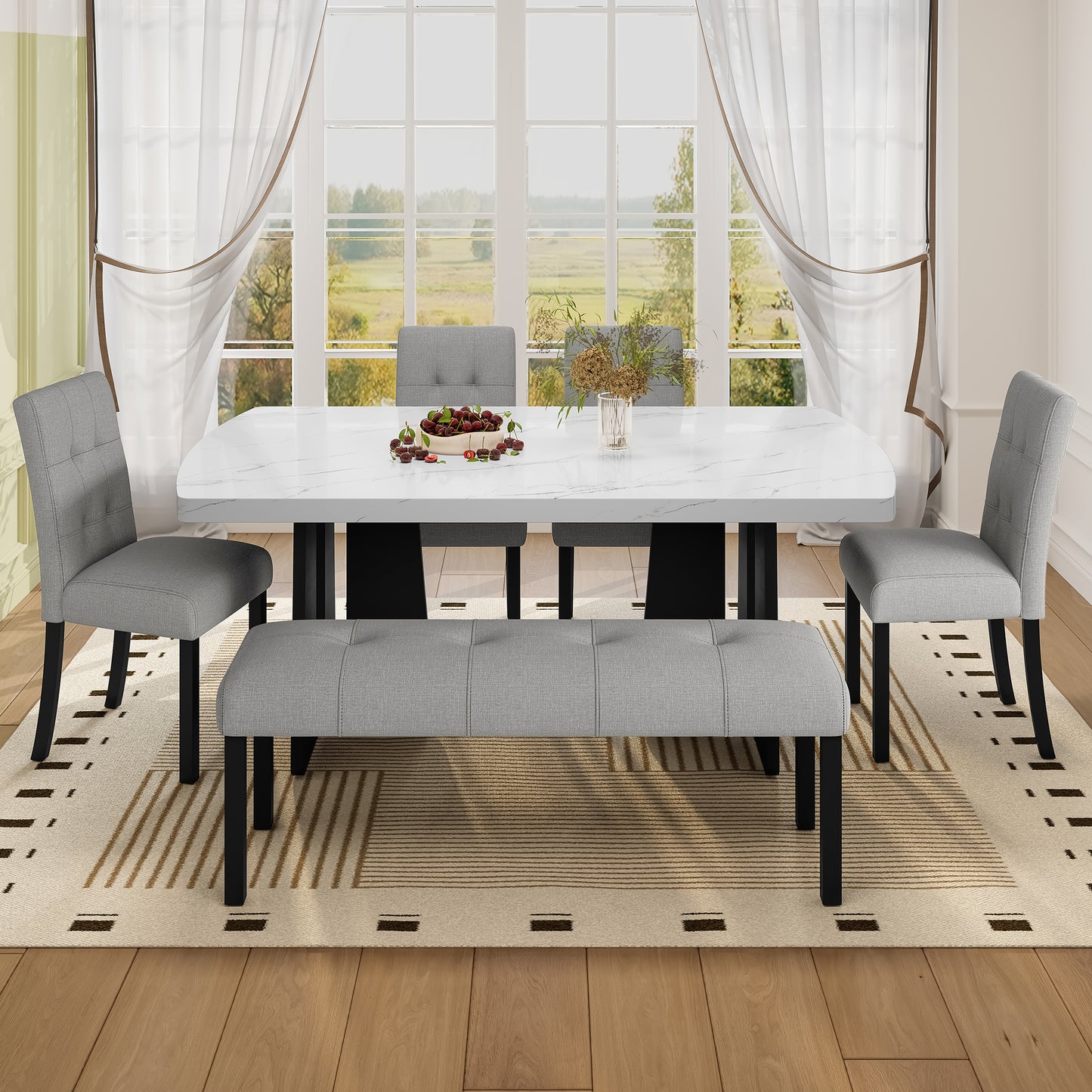 6 Piece Modern Dining Table Set, 63 Faux Marble With Geometric Legs &