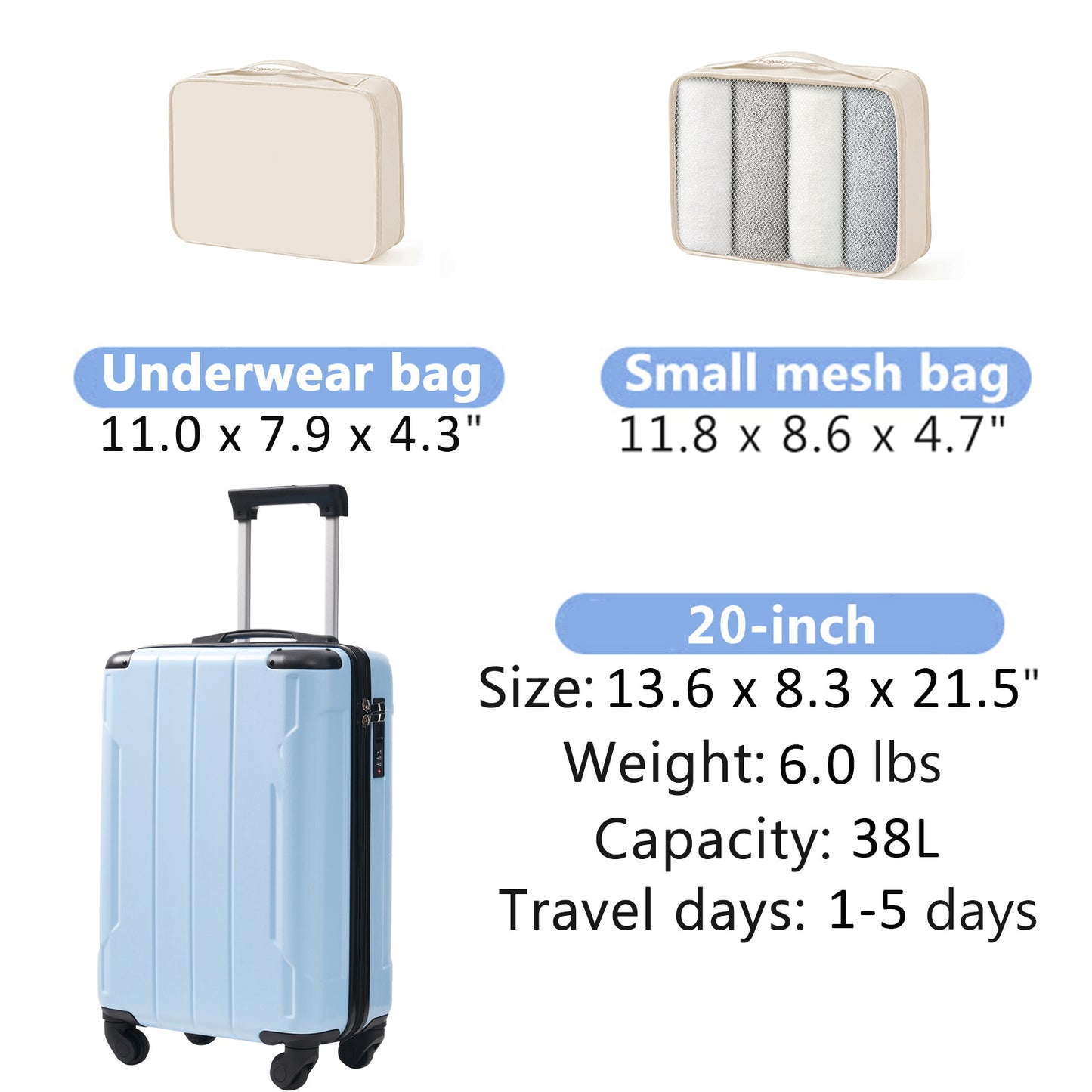 20-Inch Hardshell Carry-On Luggage with TSA Lock & Packing Cubes - Sky Blue