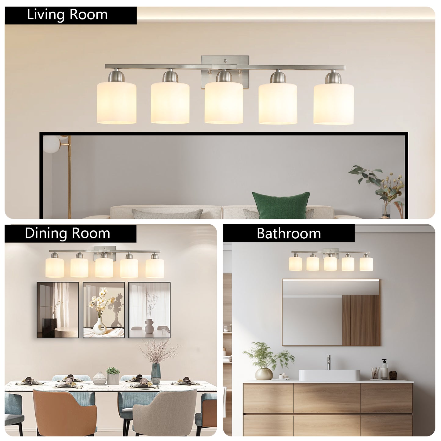 5-Light Brushed Nickel Bathroom Vanity Light Fixture - Modern Design with Milky White Glass Shades