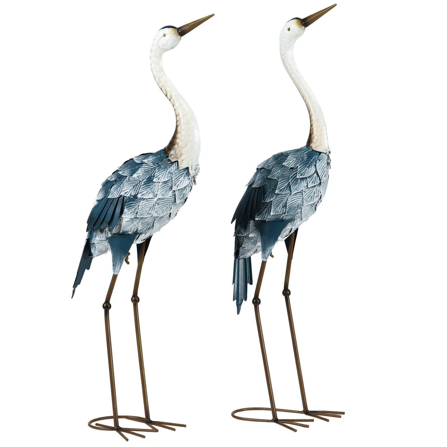 Crane Garden Statues Set - 29" & 28.5" Metal Bird Sculptures - Blue