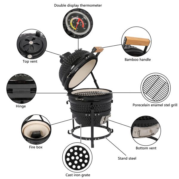 13in Round Charcoal Ceramic Grill Black for Outdoor Barbecue